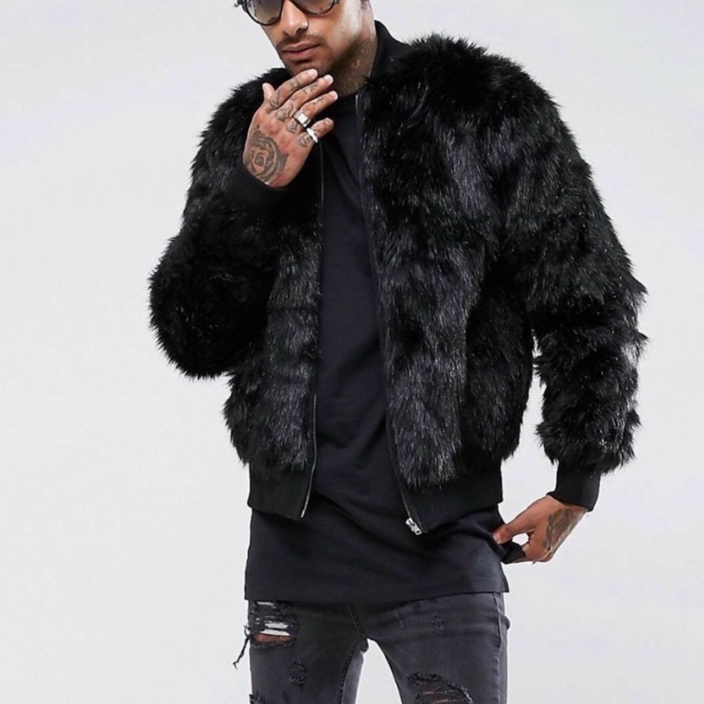 ASOS The New County Black Faux Fur Oversize  Bomber Jacket Size Medium